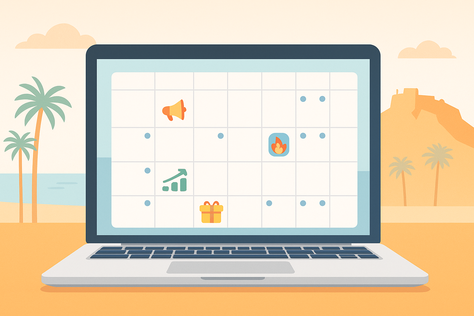 Calendario digital de marketing con eventos destacados y detalles visuales de Alicante.