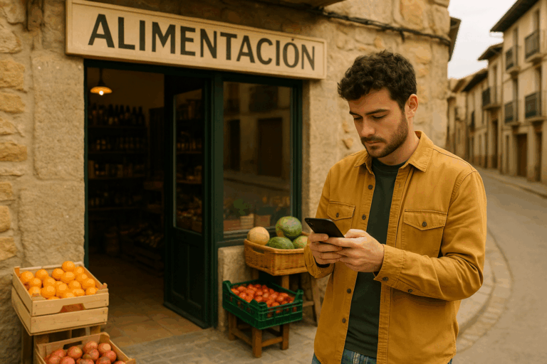 Cliente usando el móvil frente a un comercio local en Aspe