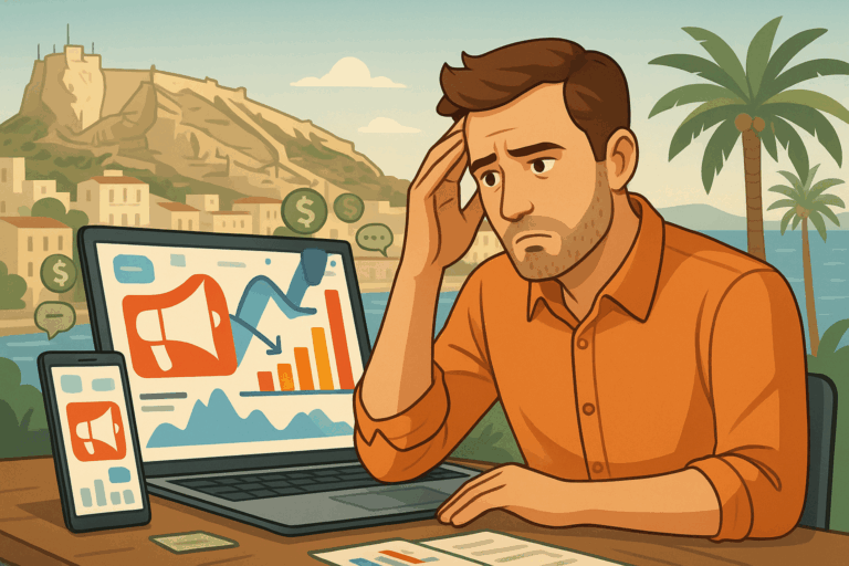 Imagen de portada que representa errores comunes en marketing digital en pymes de Alicante, con elementos locales y escenas digitales