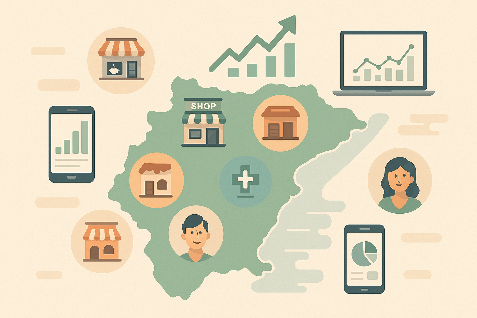 Mapa ilustrado de la provincia de Alicante con iconos de pymes y tecnología digital