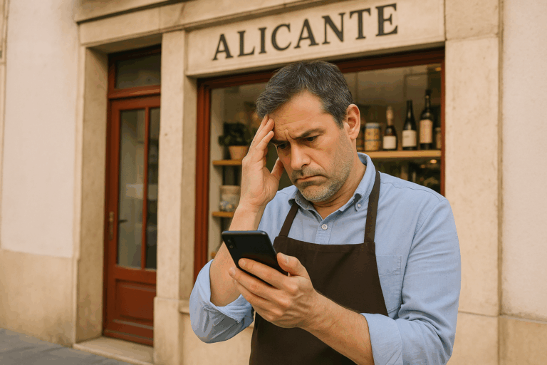 Propietario de tienda en Alicante revisando visibilidad online en su móvil