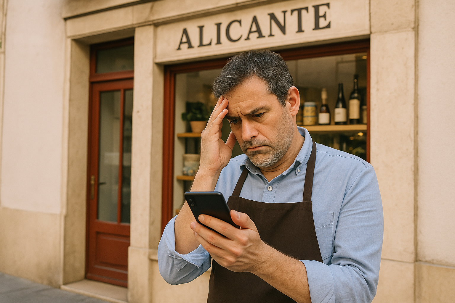 Propietario de tienda en Alicante revisando visibilidad online en su móvil