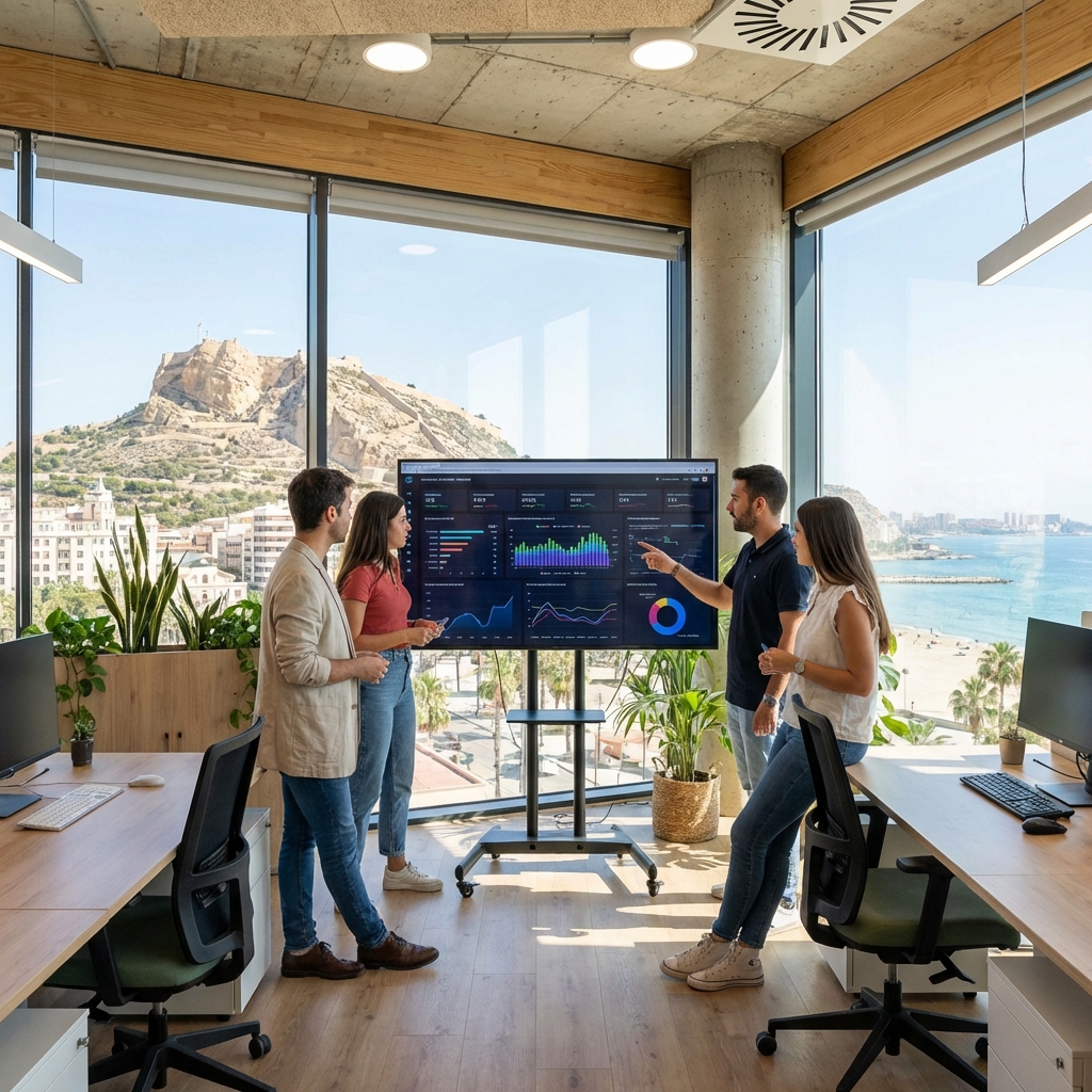 Fotografía de un equipo de marketing trabajando en una oficina moderna con vistas al Castillo de Santa Bárbara o un entorno reconocible de Alicante, analizando gráficos en una pantalla grande.